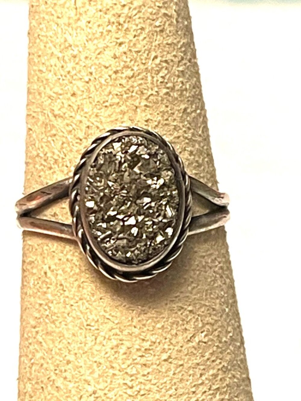 Vtg Druzy Pyrite Oval Ring With Silver Band Minimalist Style
